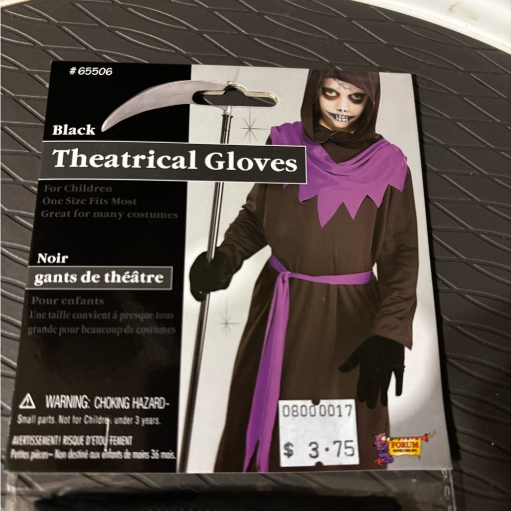 NWT In bag Kids black, theatrical gloves. Costume gloves